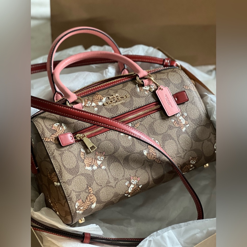 Rowan Satchel Bag In Signature Canvas With Dancing Kitten Print